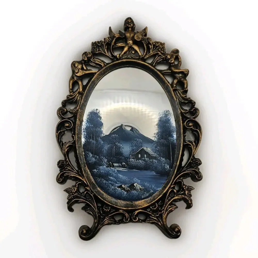 Vintage Hand Painted Mirror Mountain Cabin Creek Scene Signed J Graham